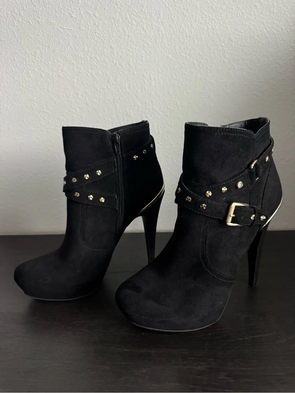 Women's Black Suede Ankle Boots with Studded Strap size 10